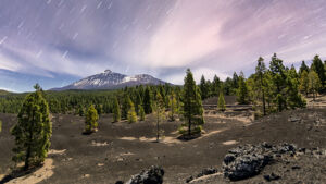 Larga exposición nocturna del Teide nevado en la corona forestal - Vicente R. Bosch